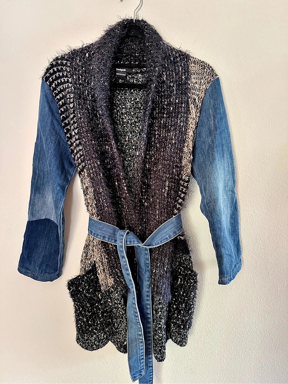Desigual Patchwork Color Block Knit Denim Sleeve Cardigan Jacket Belted Boho M